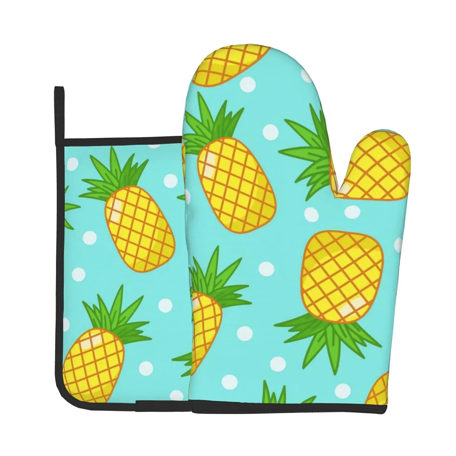 

Pineapple Oven Mitts and Pot Holder Set Cartoon Tropical Fruit Green Kitchen Mitts Heat Resistant Grilling Gloves Non-Slip Pad