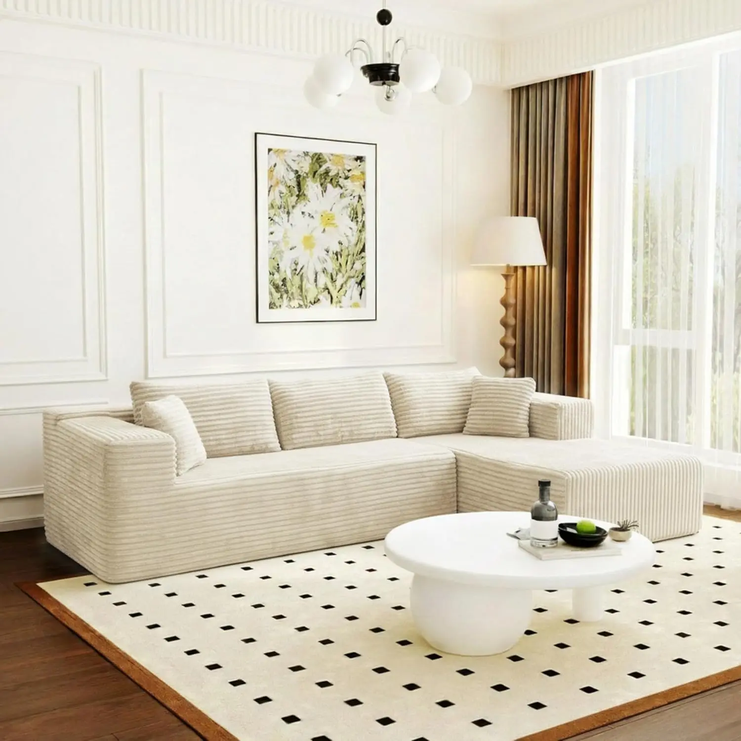 105.9” Sectional Sofa with Chaise, L-Shape Corduroy Cloud Couch with Pillows, Modern Boneless Sofa for Living Room, Custom