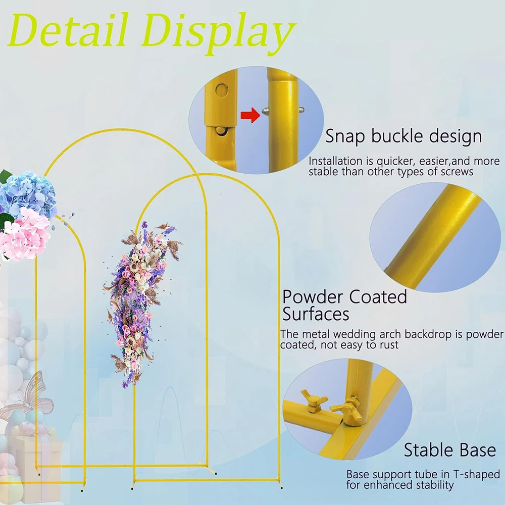 3.9FT 4.9FT 5.9FT 7.2FT 1pcs Gold Wedding Arch Stand Metal Balloon Arch Backdrop Party Decor Wedding Frame Bracket Birthday
