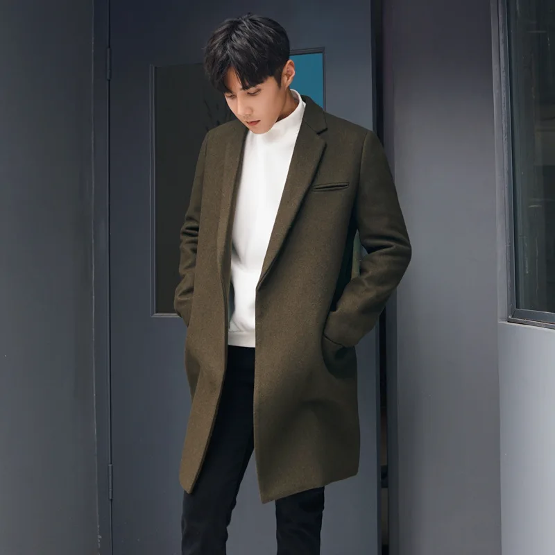 Tweed Coat Men's Mid-length Youth Solid Color Trench Coat Korean Loose Thick Tweed Coat