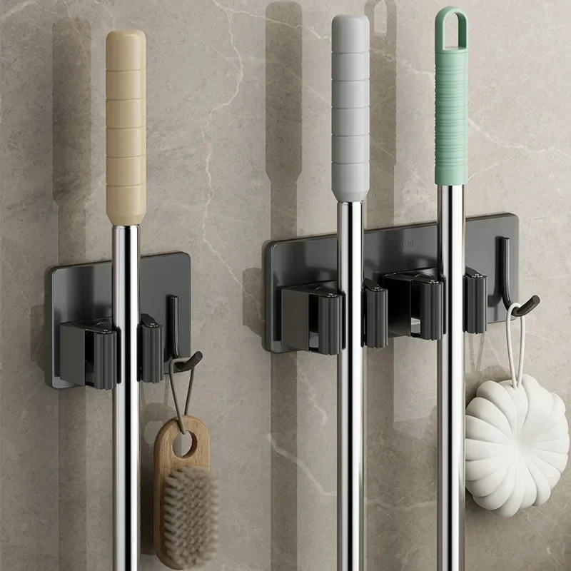 Wall-Mounted Multi-Purpose Hooks Mop Rack Mop Broom Storage Holder Clip Punch-free Bathroom Self-Adhesive Broom Organizer Hook