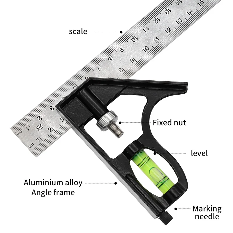 Angle Square Measuring Tools Set Precise Stainless Steel Aluminium Durable Adjustable Combination Spirit Level 12" 300mm