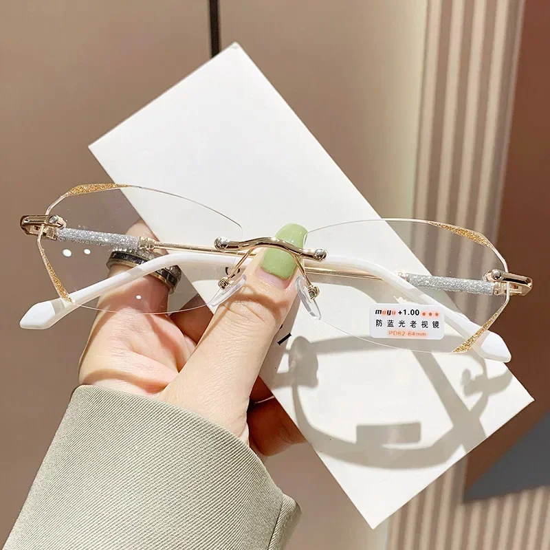 Fashion Frameless Cutting Edge Reading Glasses Red and Purple Starlight Fine Flash Presbyopia Eyewear Anti Blue Light Glasses 5