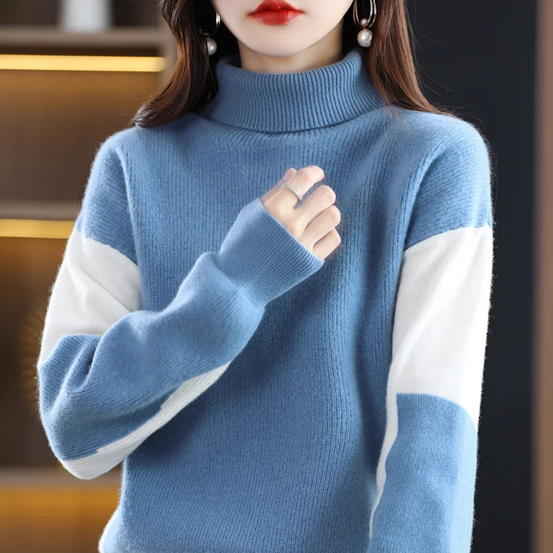 

100% Pure Wool Cashmere Sweater Autumn and Winter Women's High Neck Pullover Loose Knitted Top Women's Thickened Sweater