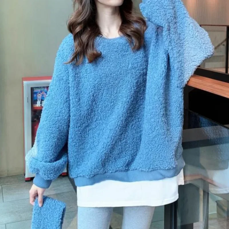 Women Fake 2 Pieces Fluffy Hoodies With Scarf Plus Velvet Fleece Sweatshirt Harajuku Street Fashion Sudaderas Top Autumn Winter