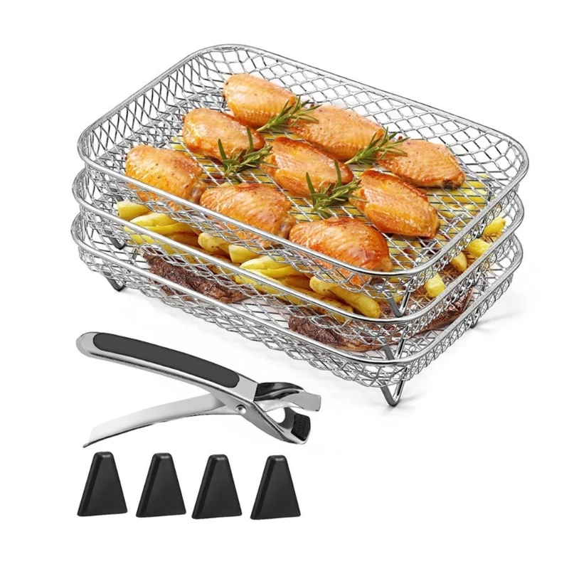 3-layers Air Fryers Rack Stackable  Grilling Rack Stainless Steel Gadgets New Dropship