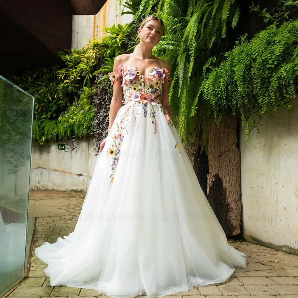 

Colorful Tulle Wedding Dress Off-Shoulder Applique Long Bride Dress A-line Custom Ivory Dress For Women 2024 Robe De Mariée