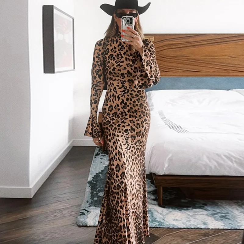 Leopard Printed Slim Long Dress Female Fashion Patchwork Contrast Elegant Long Sleeve Party Dress For Women Autumn Dress