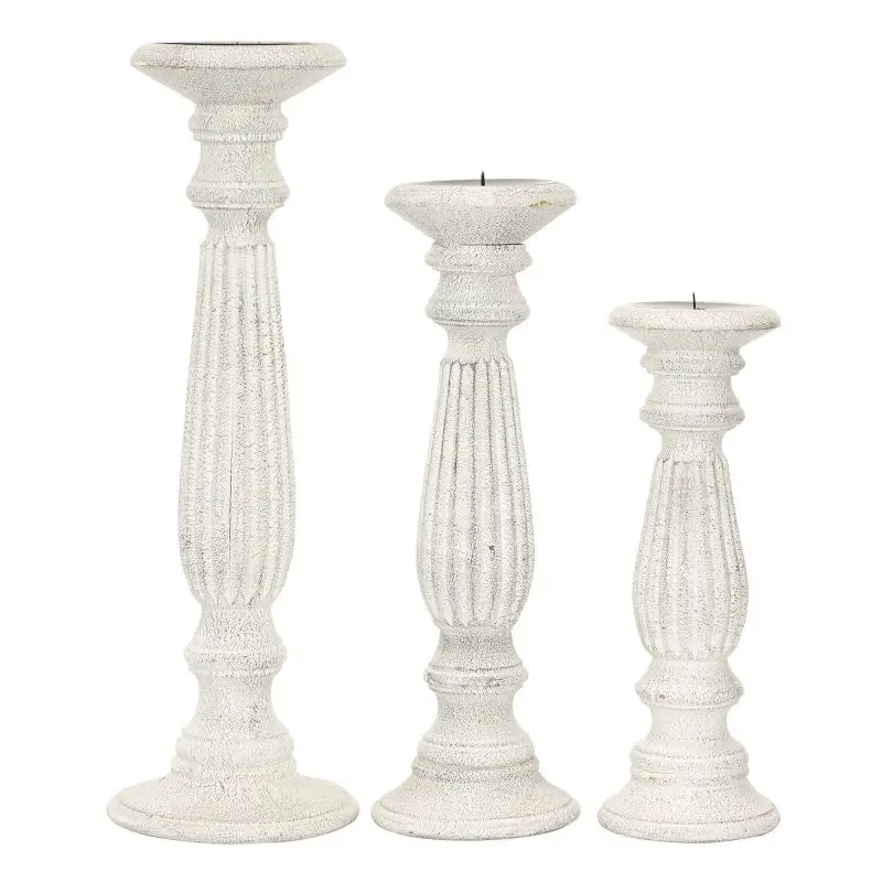 

Pillar Candle Holders Set of 3 White Traditional Wooden
