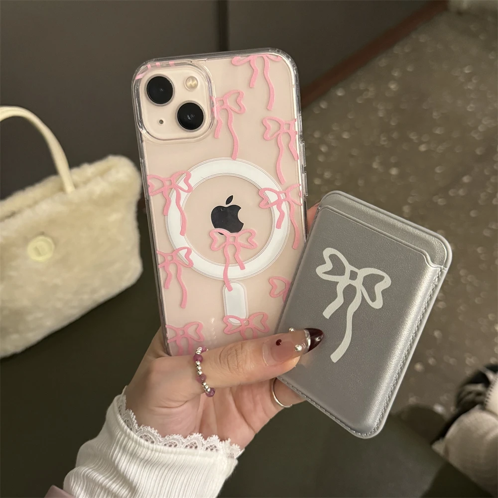 thumbnail image 1 of INS Cute Bowknot For Magsafe Magnetic Wireless Charge Case For iPhone 15 14 13 12 11 Pro Max X XR Xs Max Magnetic Pocket Cover, 1 of 4
