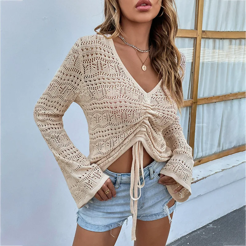 

2023 Summer New Knitwear V-neck Openwork Drawstring Flared Sleeve Sweater Woman sueter mujer blusas short sweater jumper