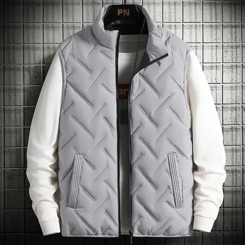 New Winter Warm Men's Jacket Sleeveless Zipper Vest Solid Color Casual Vests Cotton-Padded Thickened Stand Collar Wear Outside
