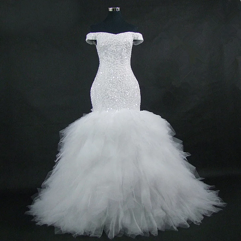 

Africa Design Amazing Full Beading Off the Shoulder Mermaid Dress Stunning Ruffles Tiered Wedding Gowns.