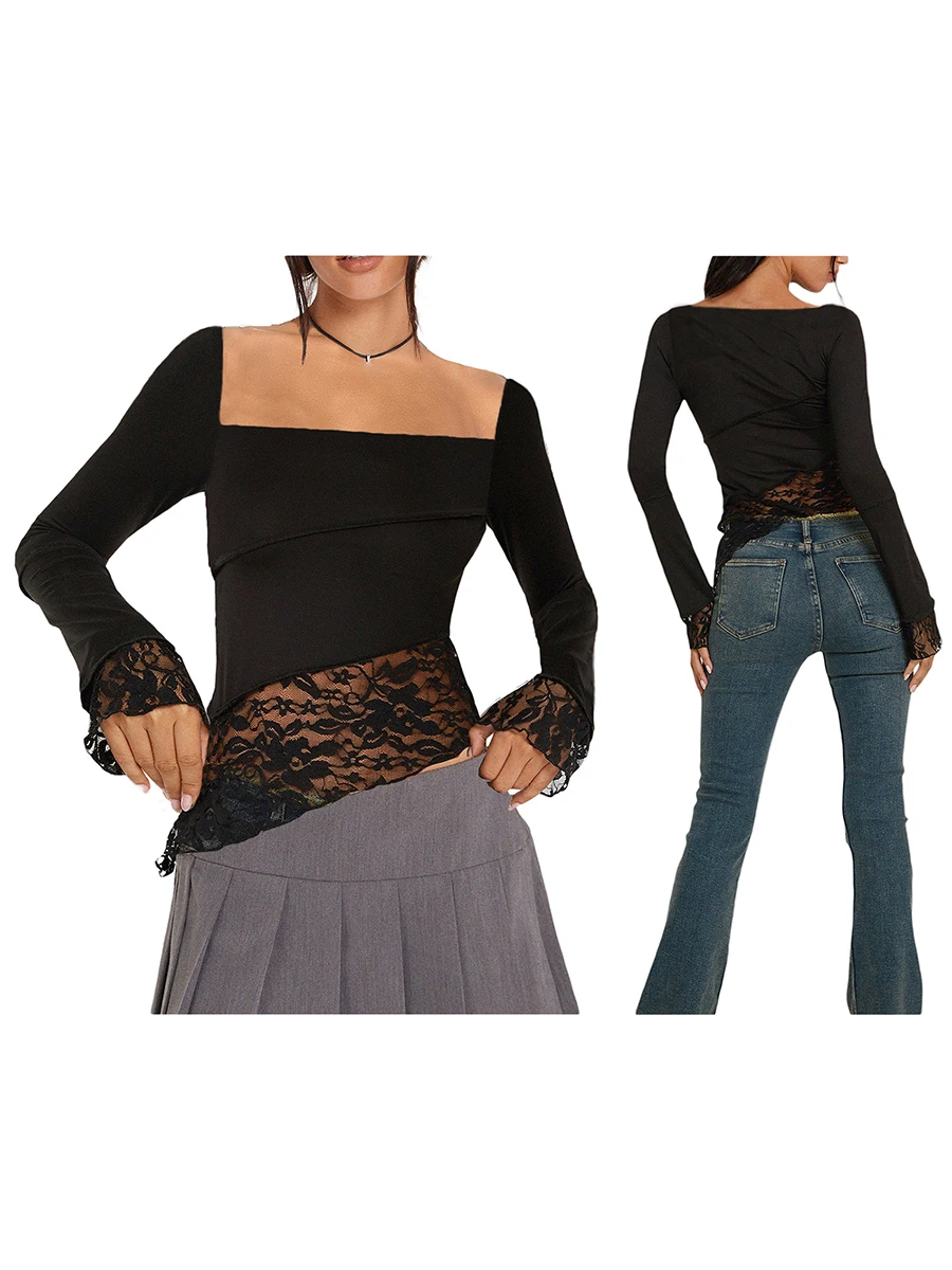 

Women Lace Long Sleeve Shirt Top Slim Fit Sexy Mesh See Through Tshirts Crop Tops Blouse Streetwear