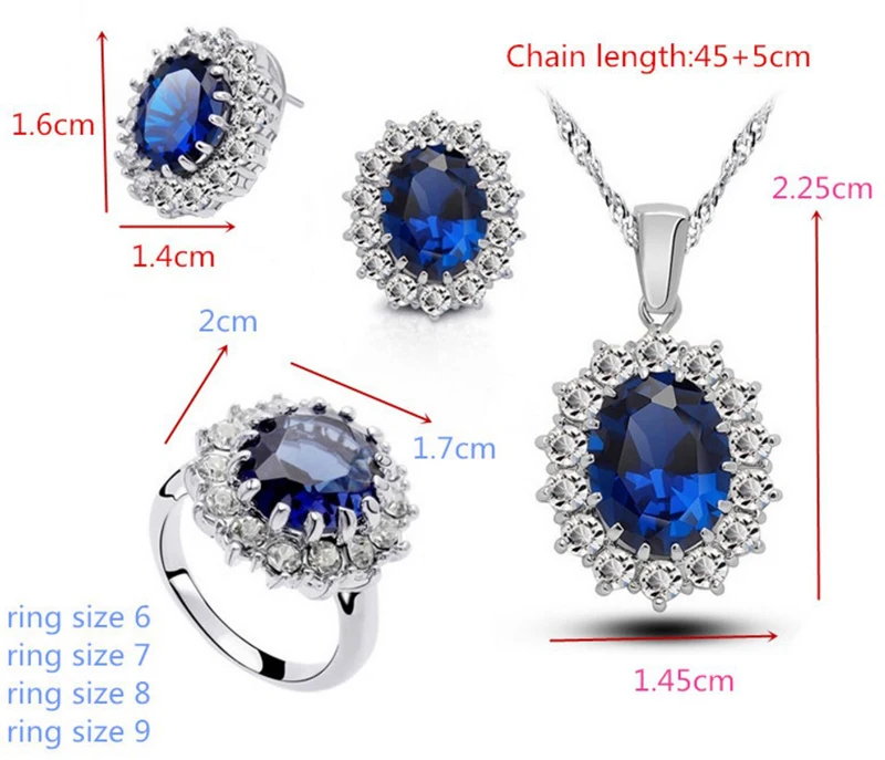 Luxury Oval Shape Lab Sapphire Stone Jewelry Sets for Female SIlver Ring  Necklace with Box Chain