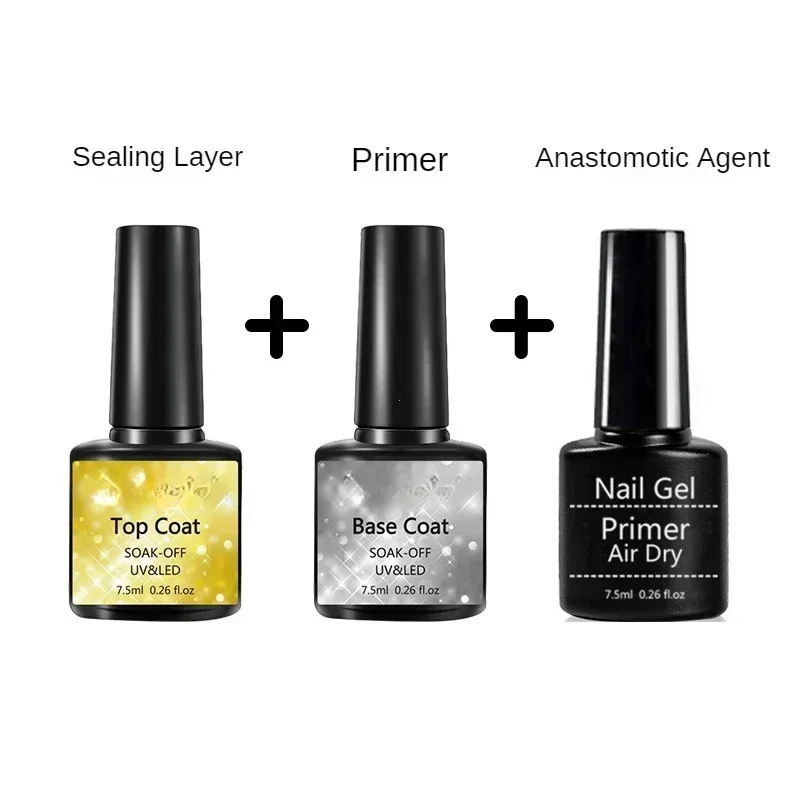 3pcs 15ml Acrylic No-Acid Primer Nail Art Set with Base Coat & Top Coat Soak off Gel Nail Polish Kit for Design