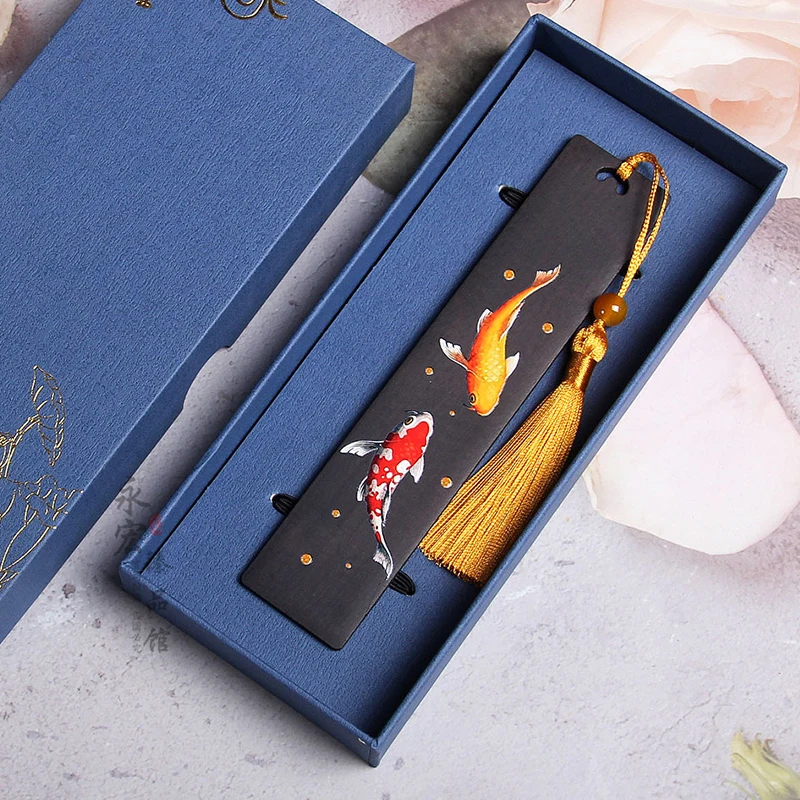 Wooden Bookmark Chinese Style Retro Painted Koi Carp Tassel Pendant Creative Book Mark Students Supplies Stationery Accessories