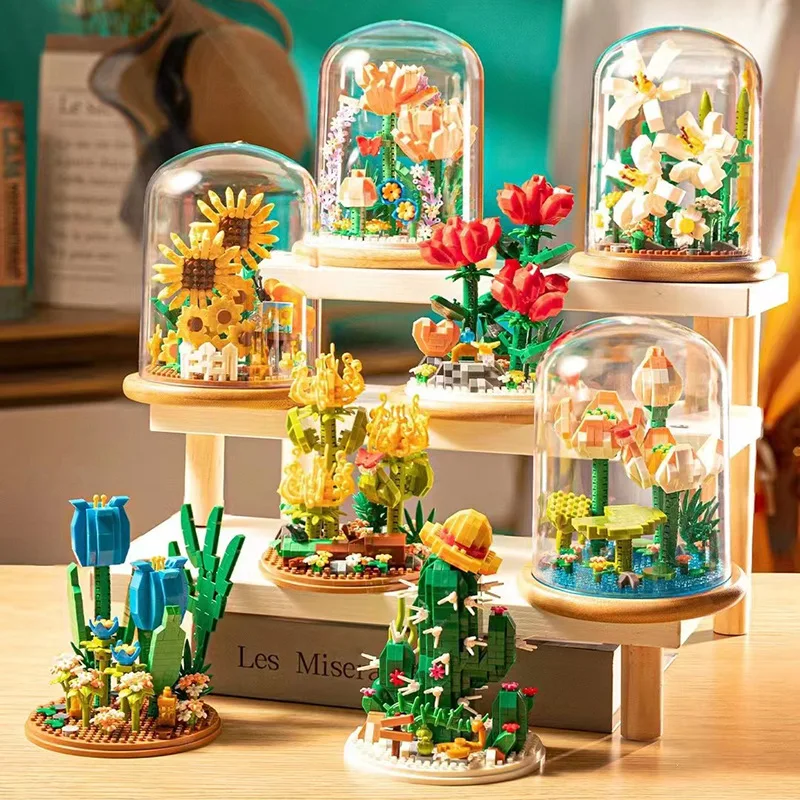 

Flower Building Blocks DIY Rose and Tulip Home Desktop Succulent Potted Ornaments DIY Particles Puzzle Assembled Kids Toy Gift
