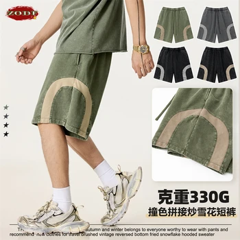 ZODF 2025 Summer Patchwork Washed Cotton Shorts For Men Unisex Retro Y2K High Street Distressed 330gsm Shorts Streetwears HY1057 1