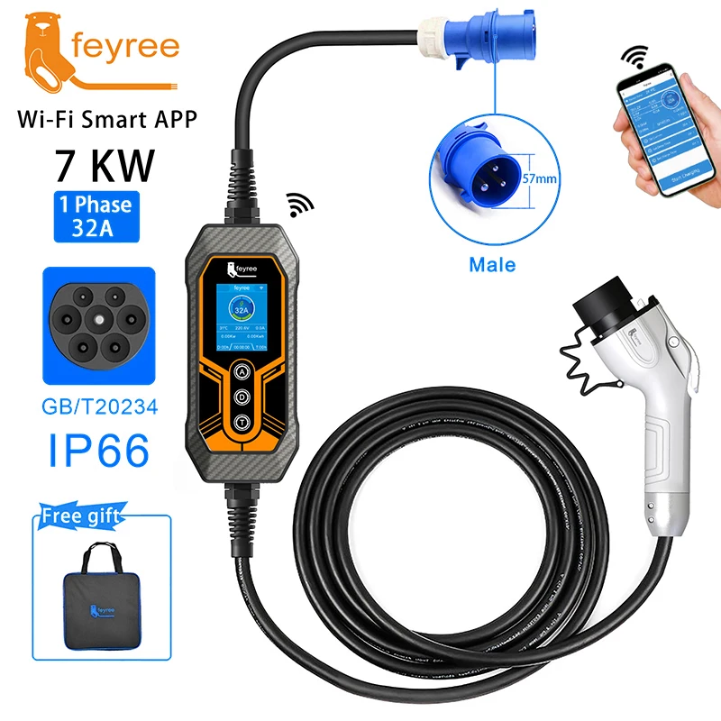 

feyree GB/T 32A 7KW 1Phase Portable EV Charger APP Bluetooth Version EVSE 11KW 16A 3Phase Cable 5m CEE Plug for Electric Vehicle