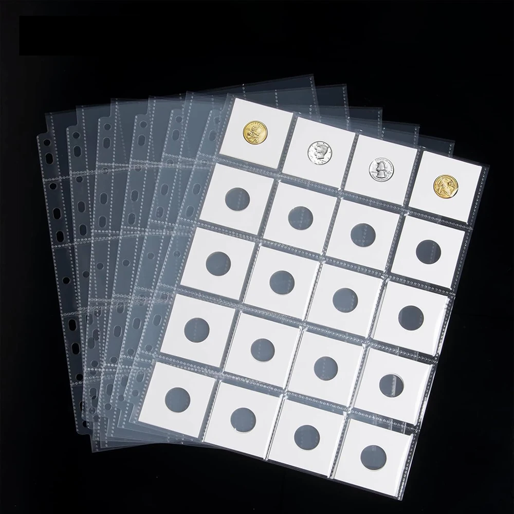 2x2 코인 앨범 컬렉션 슬리브 PVC 무첨가 A4 코인 바인더 시트 20포켓 5x5cm 코인 카드보드 플립 페이지 필름 슬라이드  홀더-Freehip.co.kr