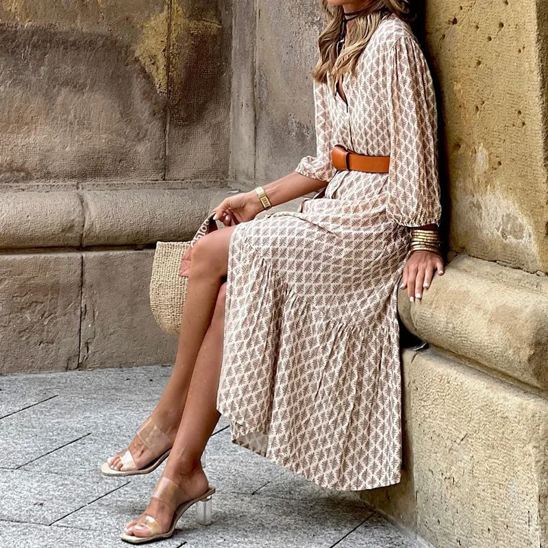 2025 Women's Autumn Winter Elegant Casual V-Neck Pullover Belt Printed Bubble Sleeves Slim Fit Medium Length Dress With Belt 3