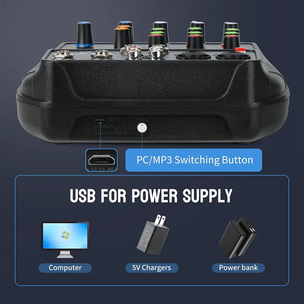 Portable 4 channel audio mixer Recording Sound Console Mixing card With BT 48V USB interface for DJ Karaoke PC MP3 microphone