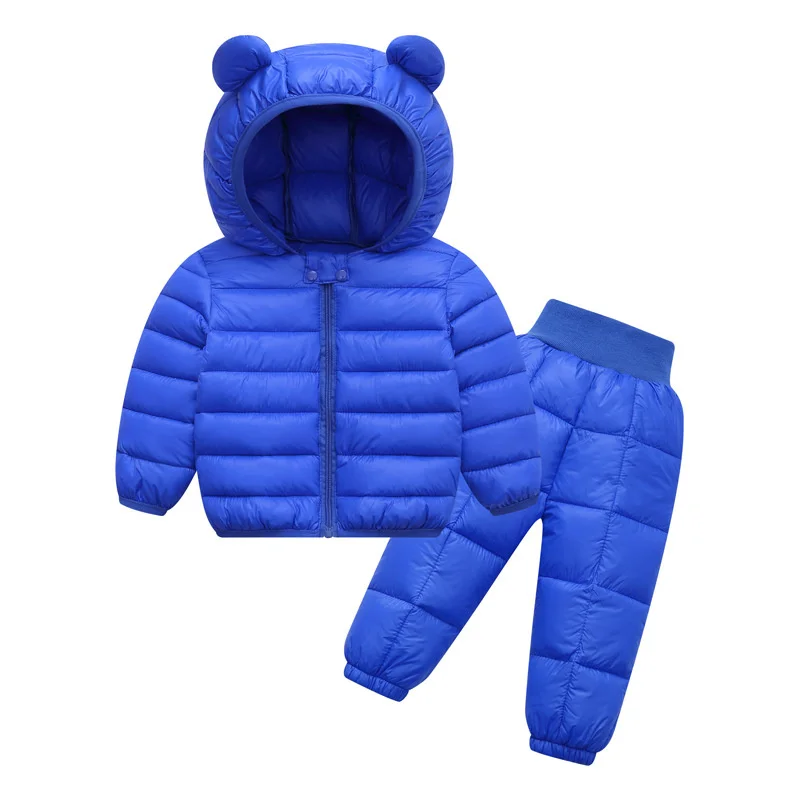 1-4Y Kids Bear Ear Hooded Puffer Set Solid Color Toddler Warm Coat and Pants 2 - Piece Outfit