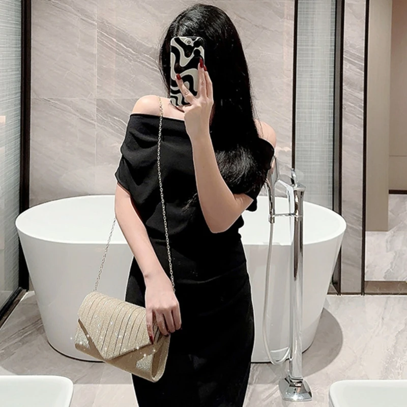 Silver Envelope Clutch Sparkling Shoulder Purse for Women's Proms Weddings Party Handbag E74B