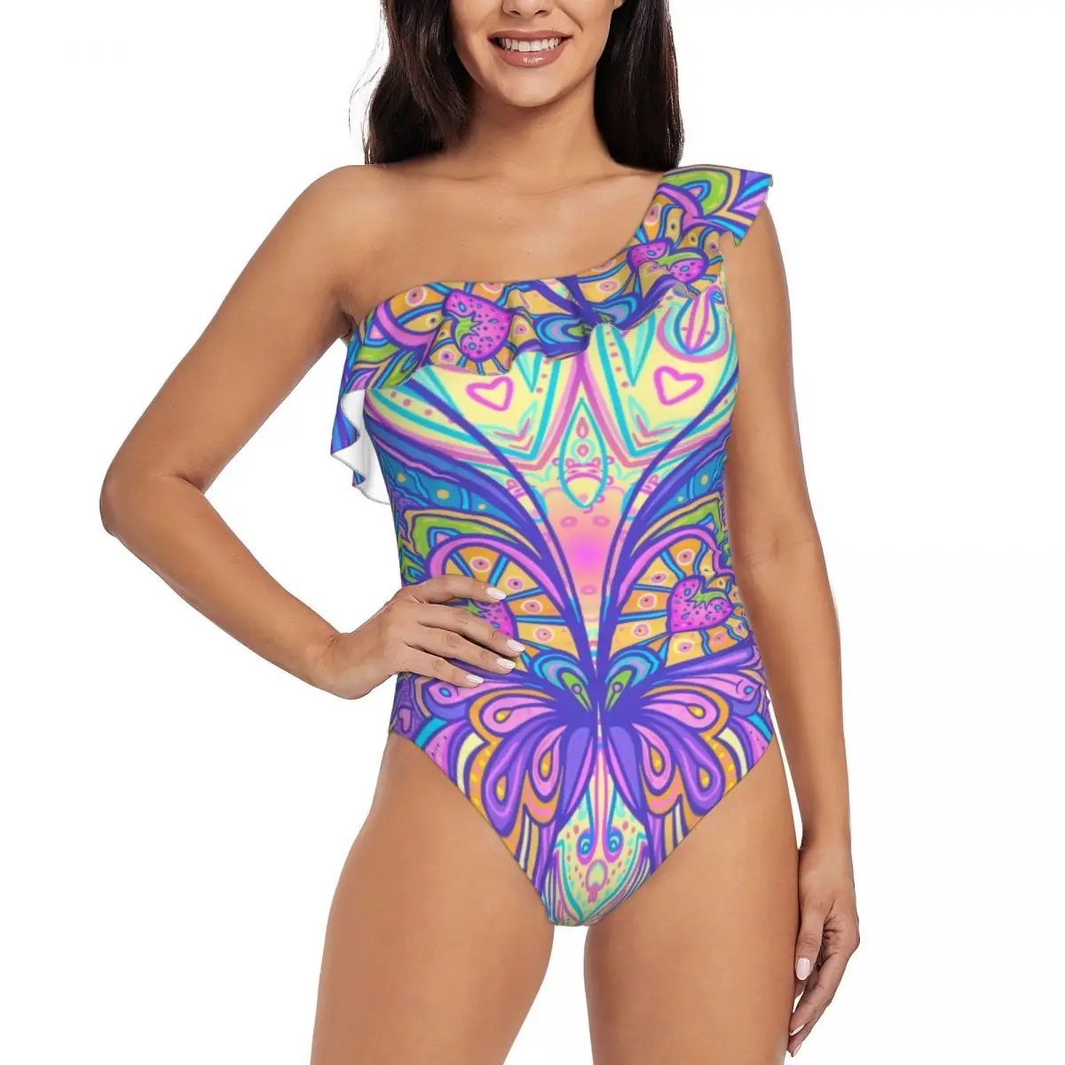 

Ornate Butterfly Over Colorful Round Mandala 3D Print Women's One Shoulder Ruffle Monokinis Swimwear Asymmetric Ruffle