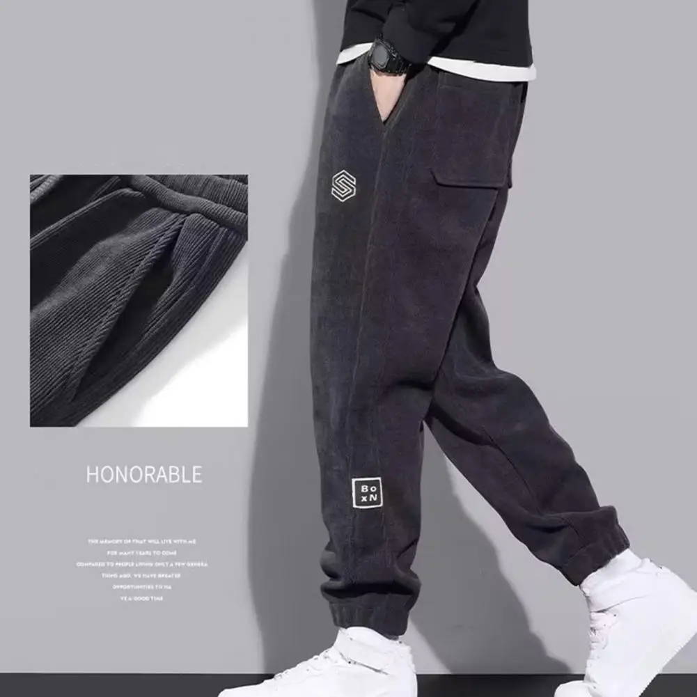 

Men Fleece-lined Pants Men's Thick Plush Drawstring Pants with Ankle-banded Solid Color Embroidery Elastic Waist Soft Mid Waist