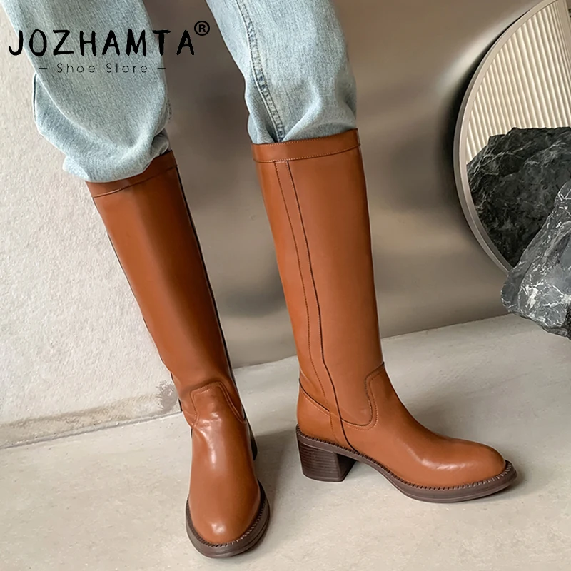 

JOZHAMTA Size 34-40 Knee High Boots Women Genuine Leather Classic Thick High Heels Shoes For Womens Winter 2023 Retro Long Boot