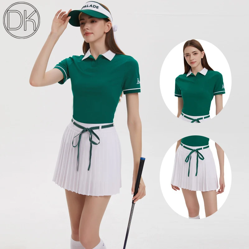 DK Golf Clothing Women's Short Sleeve V-neck T-shirt Casual Slim Tennis Tops Ladies Pleated Skirt A-lined Skorts with Bowknot