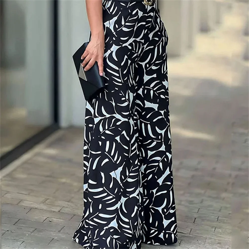 Women Print Halter Jumpsuit Summer Sleeveless Nipped Waist Loose Hollow Out Backless Wide Leg Romper Mujer High Streetwear