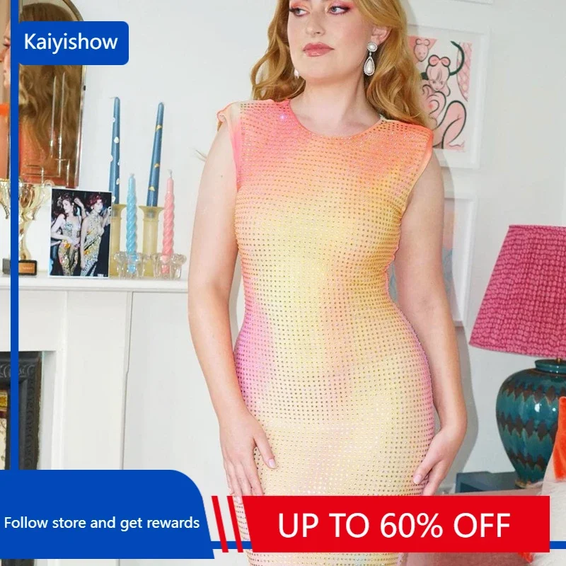 Rainbow Hot Diamond Women's long Dress 2023 new sexy slim sleeveless lady midi dress