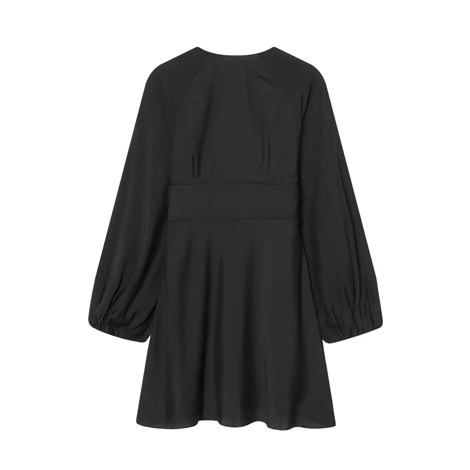 HH Damen Frühlingsmode Retro Loses Minikleid Elegantes Temperamentvolles V-Ausschnitt Einfaches Einfarbiges Kleid mit Schleifendekoration und Langen Ärmeln – Detail 3