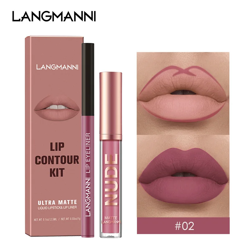 thumbnail image 1 of 2pcs/set Lip Liner Pencil Nude Lip Gloss Combination Makeup Liquid Lipstick Waterproof Sexy Red Lip Contour Tint Kit Cosmetics, 1 of 5