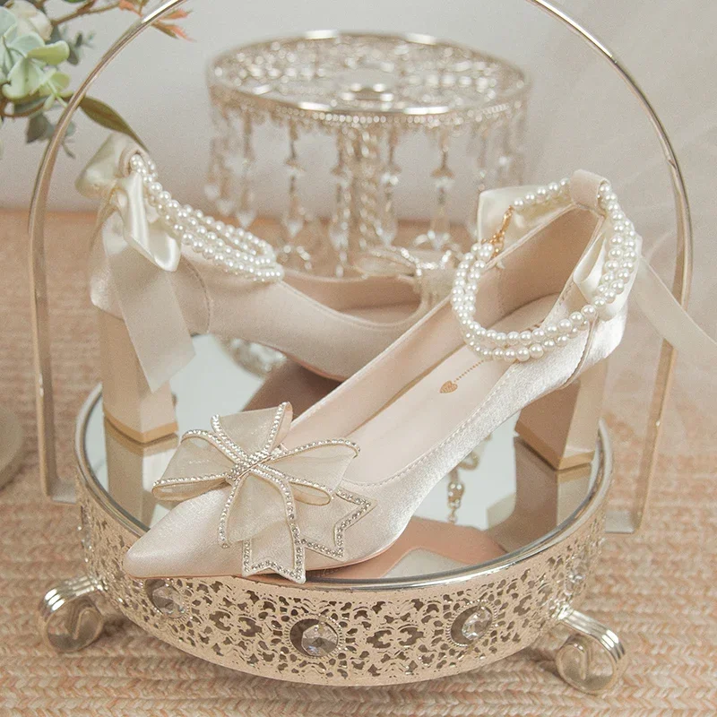 Bridal Shoes 2024 New Flower High Heel Pumps Women Elegant Pearl Strap Wedding Party Shoes Woman Silk Pointed Toe 3