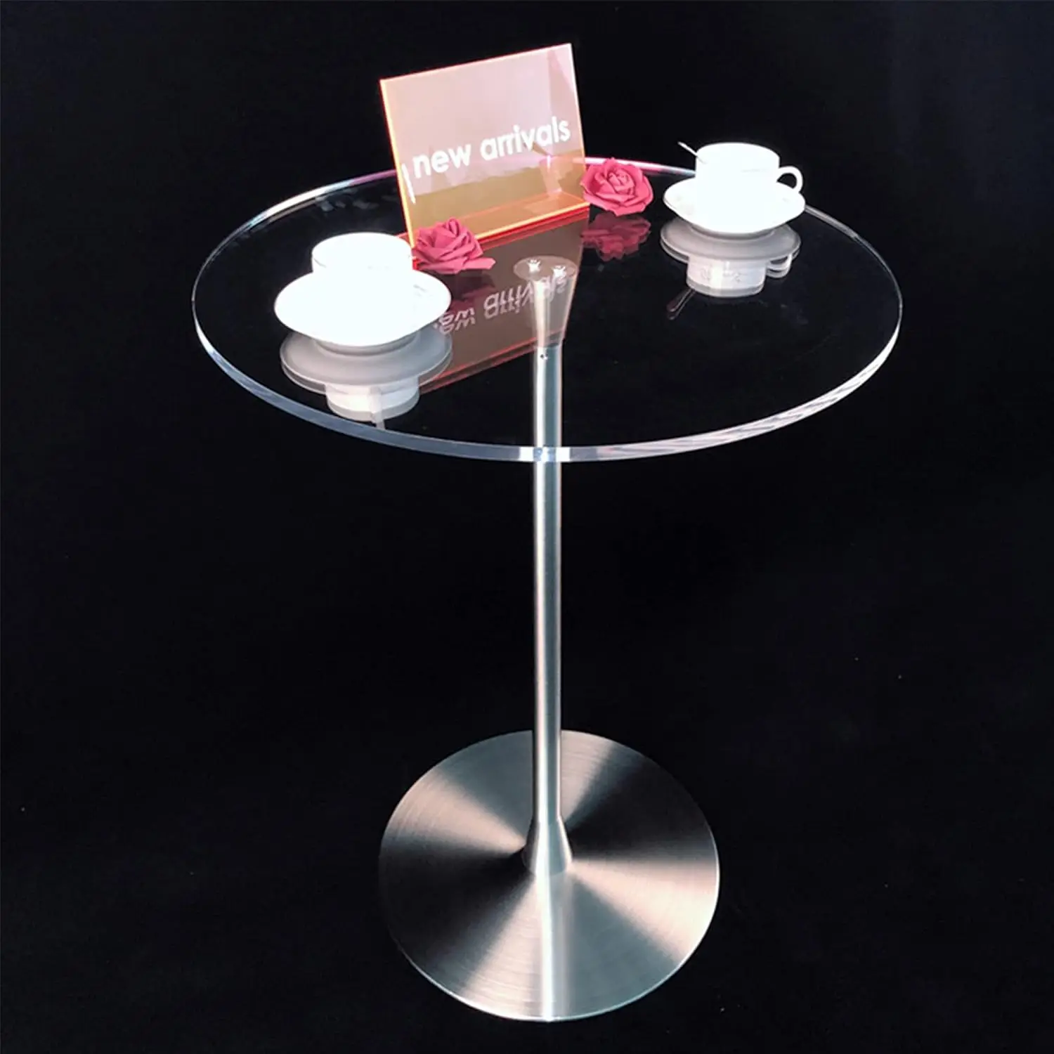 Clear Podium Stand Round Presentation Table Acrylic Tabletop Silver Pole Base Coffee Table For Churches Speech