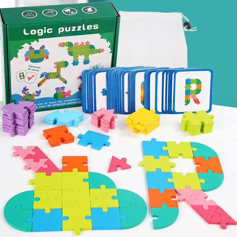 

65Pcs Logic Puzzle Tangram Toys Geometric Shapes Animal Numbers Letters Jigsaw Montessori Brain Game Kids Early Educational Gift