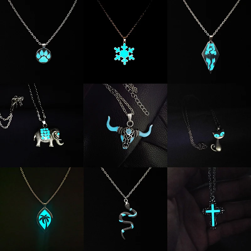 Luminous Necklace for Women Men Glowing In The Dark Cat Snake Ox Elephant Cross Pendant Necklace Gothic Halloween Party Jewelry