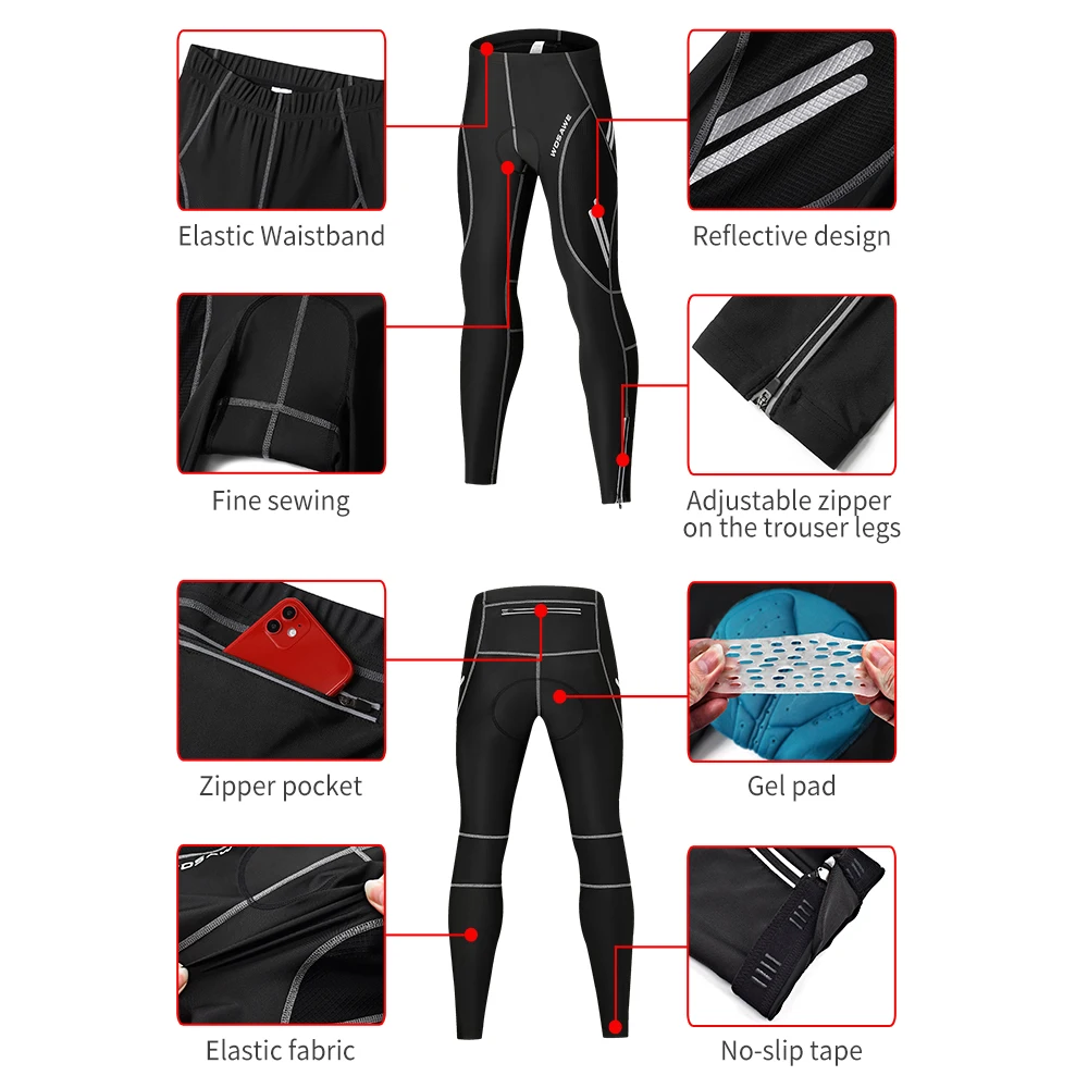 WOSAWE Men Cycling Tights Autumn Breathable Bicycle Long Pants 5D Padded MTB Ride Bike Trousers Bicycle Leggings Reflective