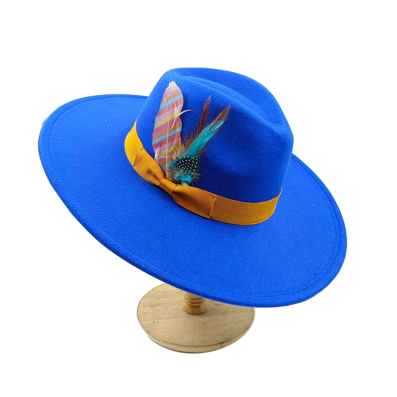 LUMINOUS 1960s\' BLUE FELT FEDORA + BOW, EMBELLISHED FEATHERS & SEQUINED VEILING Camel felt fedora with game bird feather - All Dunn Up  main image 4