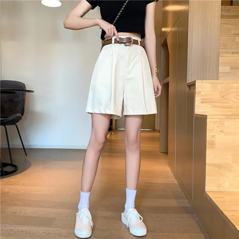 keiki kona shorts Suit Shorts Female with Belt Summer 2021 New Korean High Waist Slim Loose Straight Wide Leg Pants Women Casual Five Point Pants high waisted denim shorts