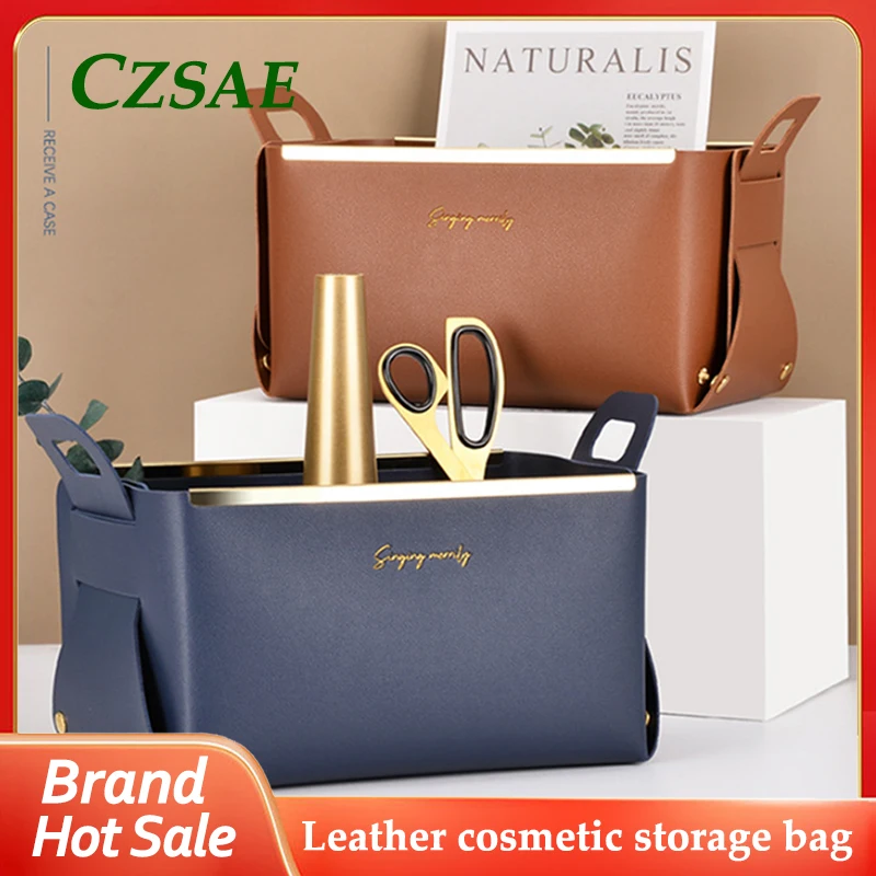 

1pcs Nordic Luxury Leather Cosmetics Storage Bag Large Capacity Foldable Storage Box with Handle Desktop Clutter Finishing