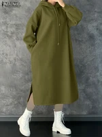 Plus Size 5XL ZANZEA Women Fashion Sweatshirt Dresses Autumn Long Sleeve Hooded Robe Solid Casual Loose Pockets Long Vestidos - Image 3
