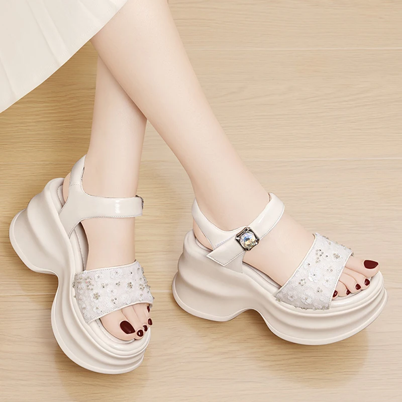 8.5cm Wedges Platform Sandals For Women Summer Fashion Sweet Bling Leather High Heels Platform Sandals Beach Sandal Size 34-39