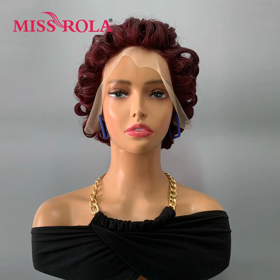 Miss Rola 12A Grade13x4 Bouncy Curly Pixie Cut Lace Front Human Hair Wigs Remy Hair Wig With HD Lace Brazilian 99J Highlight