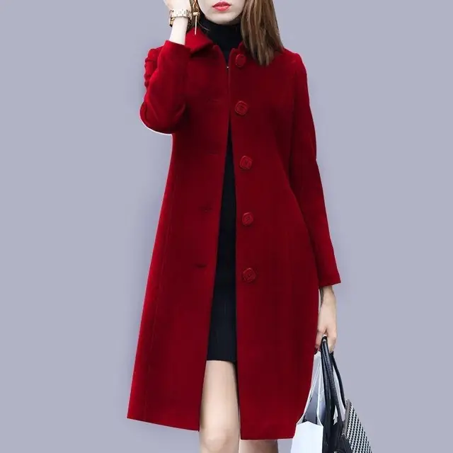 Рождественское теплое пальто, осенне-зимнее шерстяное пальто, женское модное однобортное пальто средней длины 2021, Повседневные Женские приталенные шерстяные пальто 1