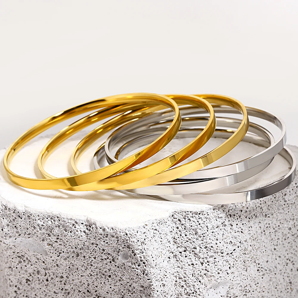 Freetry 3pcs Glossy Stainless Steel Bangles Bracelets for Women Simple Gold Plated Metal Bracelet Minimalist Statement Jewelry 5